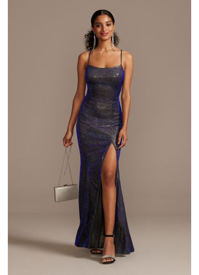 Iridescent Metallic Glitter Spaghetti Strap Gown - This sleek sheath gown is a head-turning option